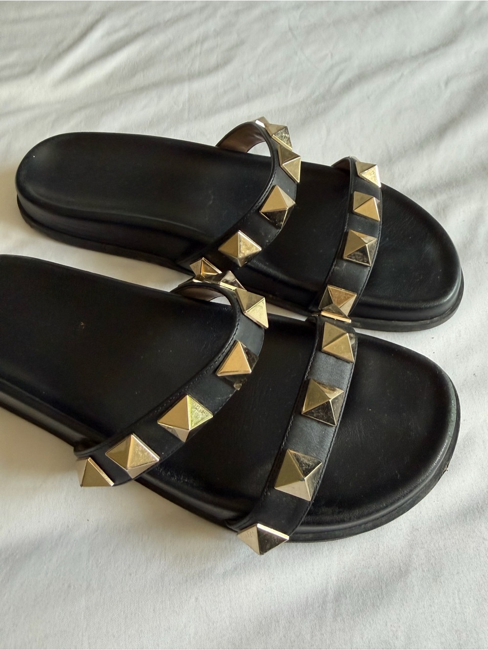 Valentino Rockstud Black Metallic Studded Double-Strap Slide Sandals 38 - Picture 2 of 16